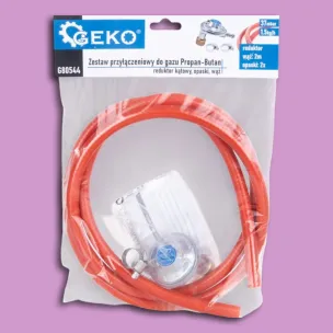 Propán-bután gázcsatlakozó készlet – sarok reduktorral, bilincsekkel és 2 m tömlővel